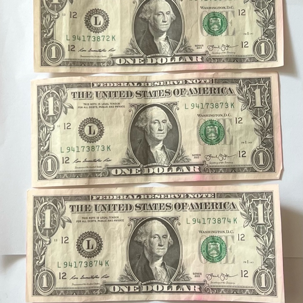 5 Consecutive $1 Dollar Bills – Sequential Serial Numbers L94173871–L94173875